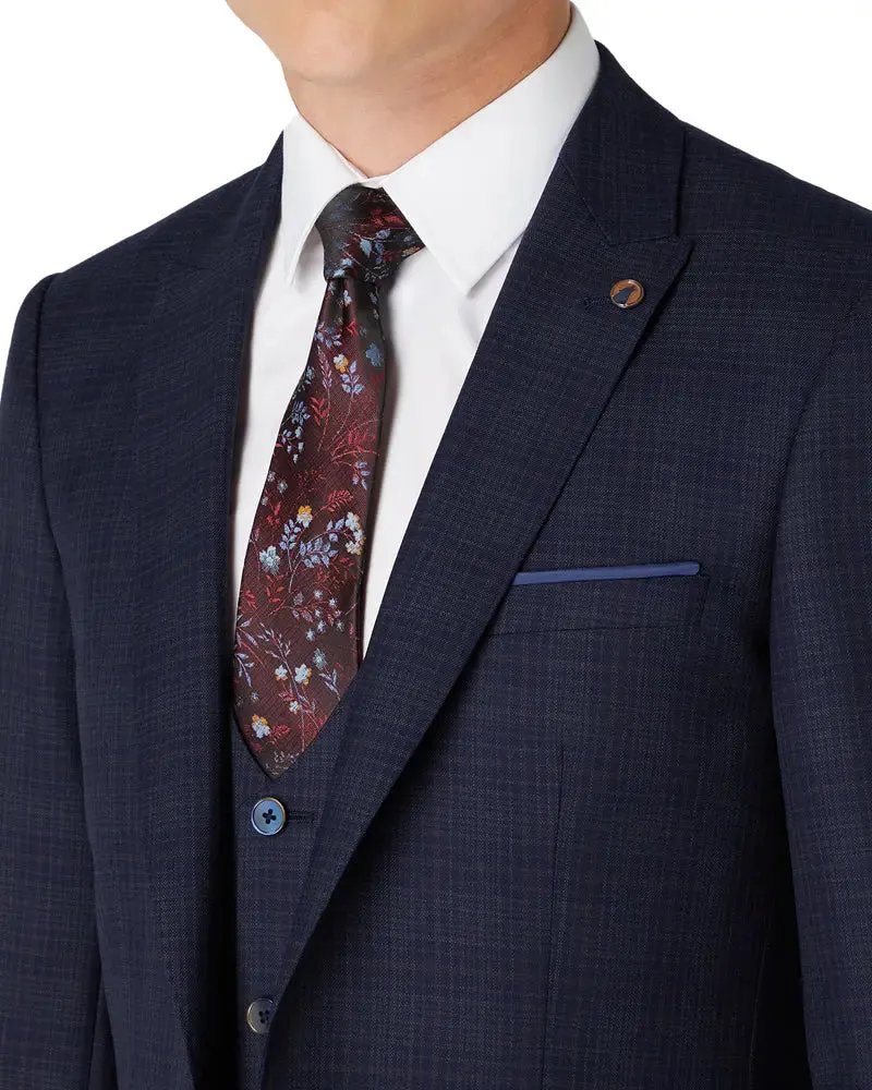 Micro Check Peak Lapel Suit Jacket - Navy / Brown