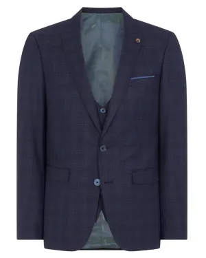 Micro Check Peak Lapel Suit Jacket - Navy / Brown