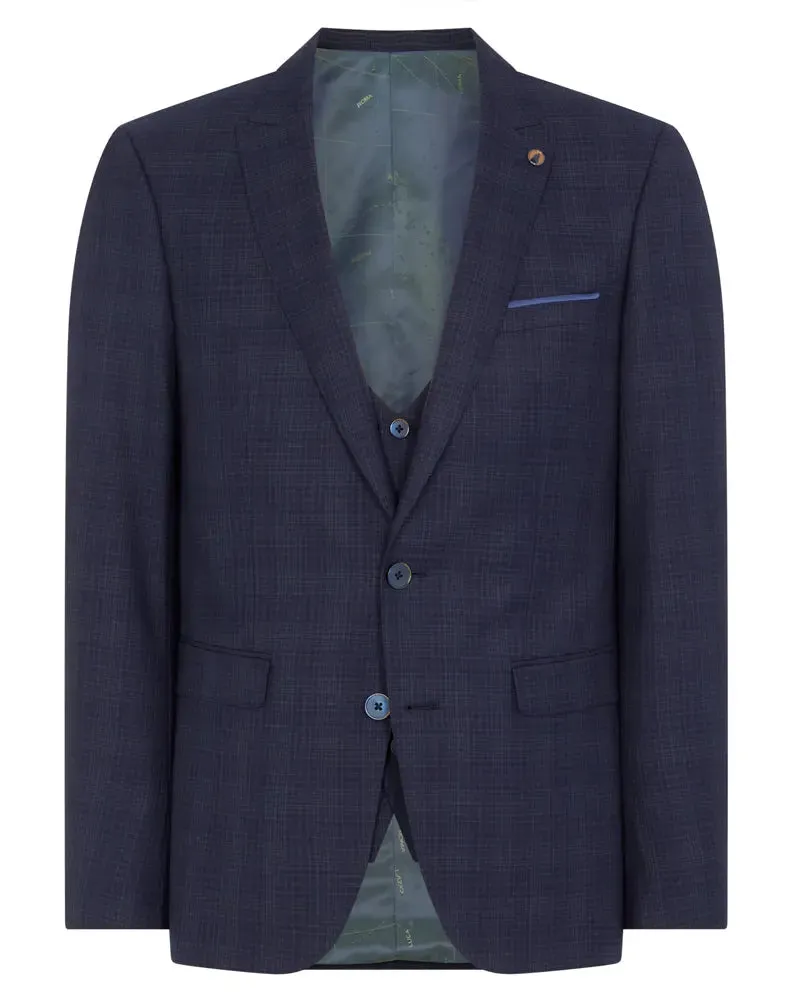 Micro Check Peak Lapel Suit Jacket - Navy / Brown