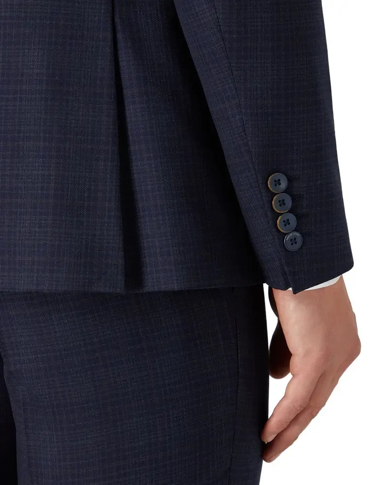 Micro Check Peak Lapel Suit Jacket - Navy / Brown