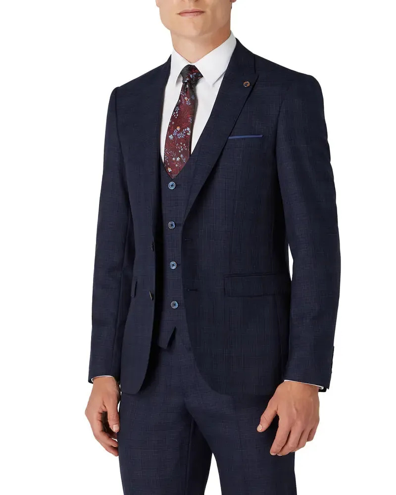 Micro Check Peak Lapel Suit Jacket - Navy / Brown