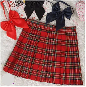 Midi Pleated Women Skirts High Waist Red A-Line Short Skirts Uniforms School Tartan Plaid Skirt Saias