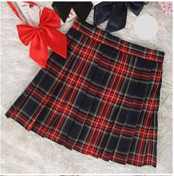 Midi Pleated Women Skirts High Waist Red A-Line Short Skirts Uniforms School Tartan Plaid Skirt Saias