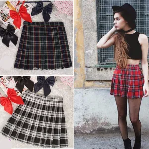 Midi Pleated Women Skirts High Waist Red A-Line Short Skirts Uniforms School Tartan Plaid Skirt Saias