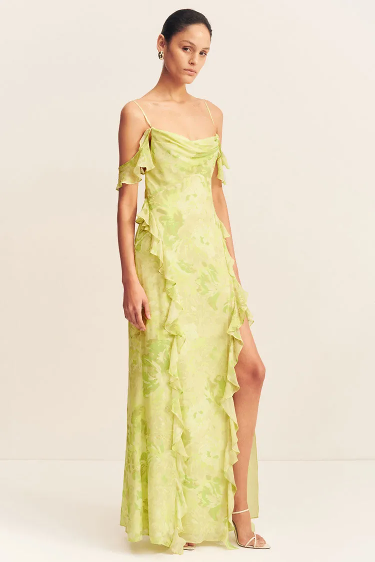 Miller Ruffle Cowl Maxi Dress in Lime