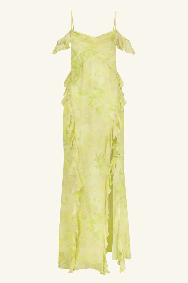 Miller Ruffle Cowl Maxi Dress in Lime