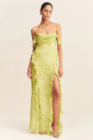 Miller Ruffle Cowl Maxi Dress in Lime