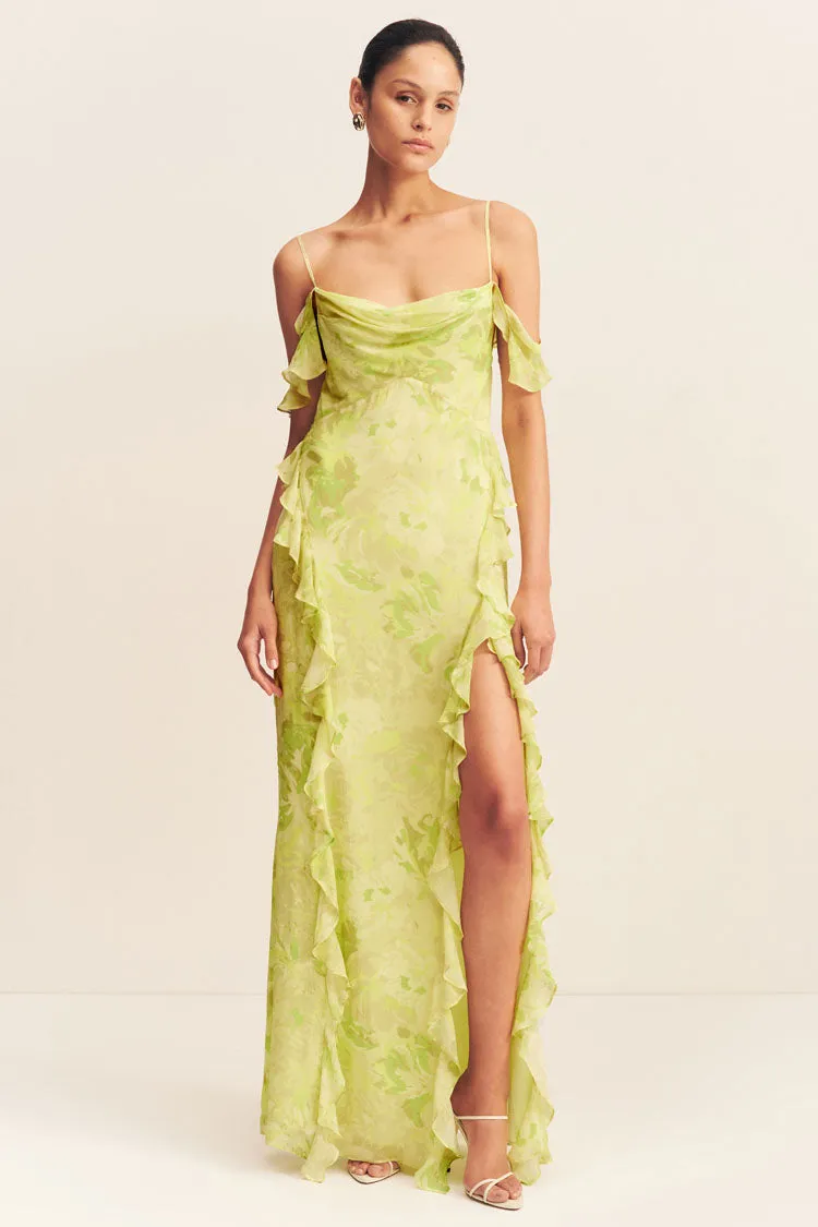 Miller Ruffle Cowl Maxi Dress in Lime