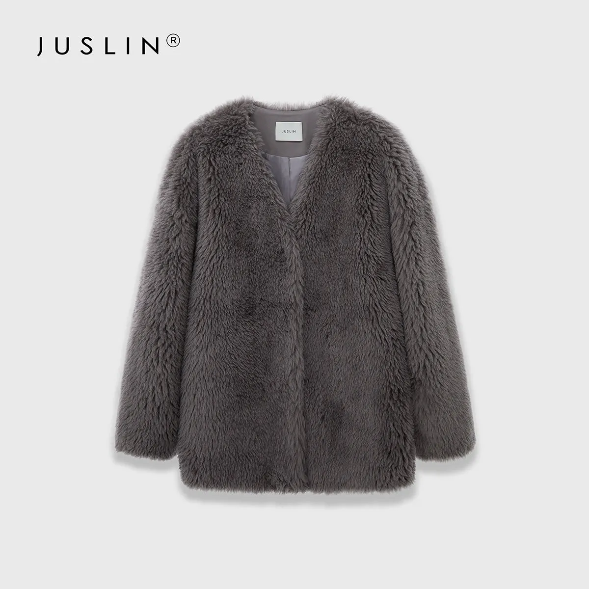 Minimalist Faux Fur V-Neck Coat