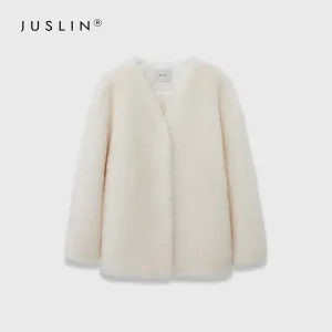 Minimalist Faux Fur V-Neck Coat
