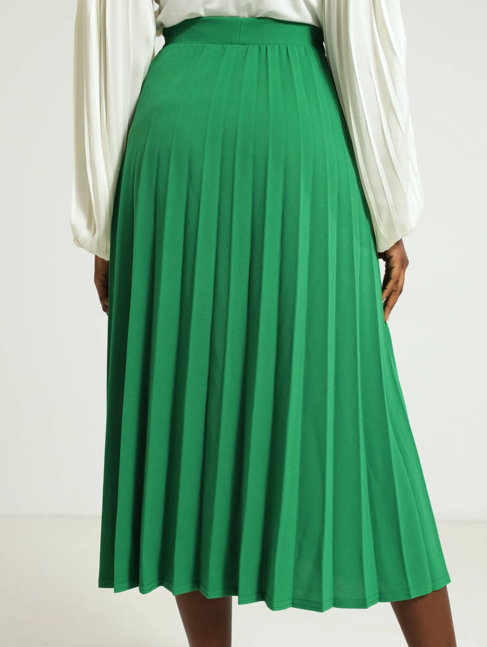 Mock Wrap Pleated Midi Skirt - Green