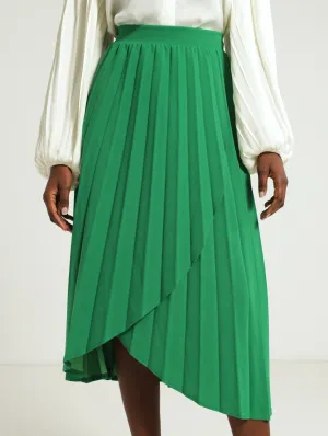 Mock Wrap Pleated Midi Skirt - Green