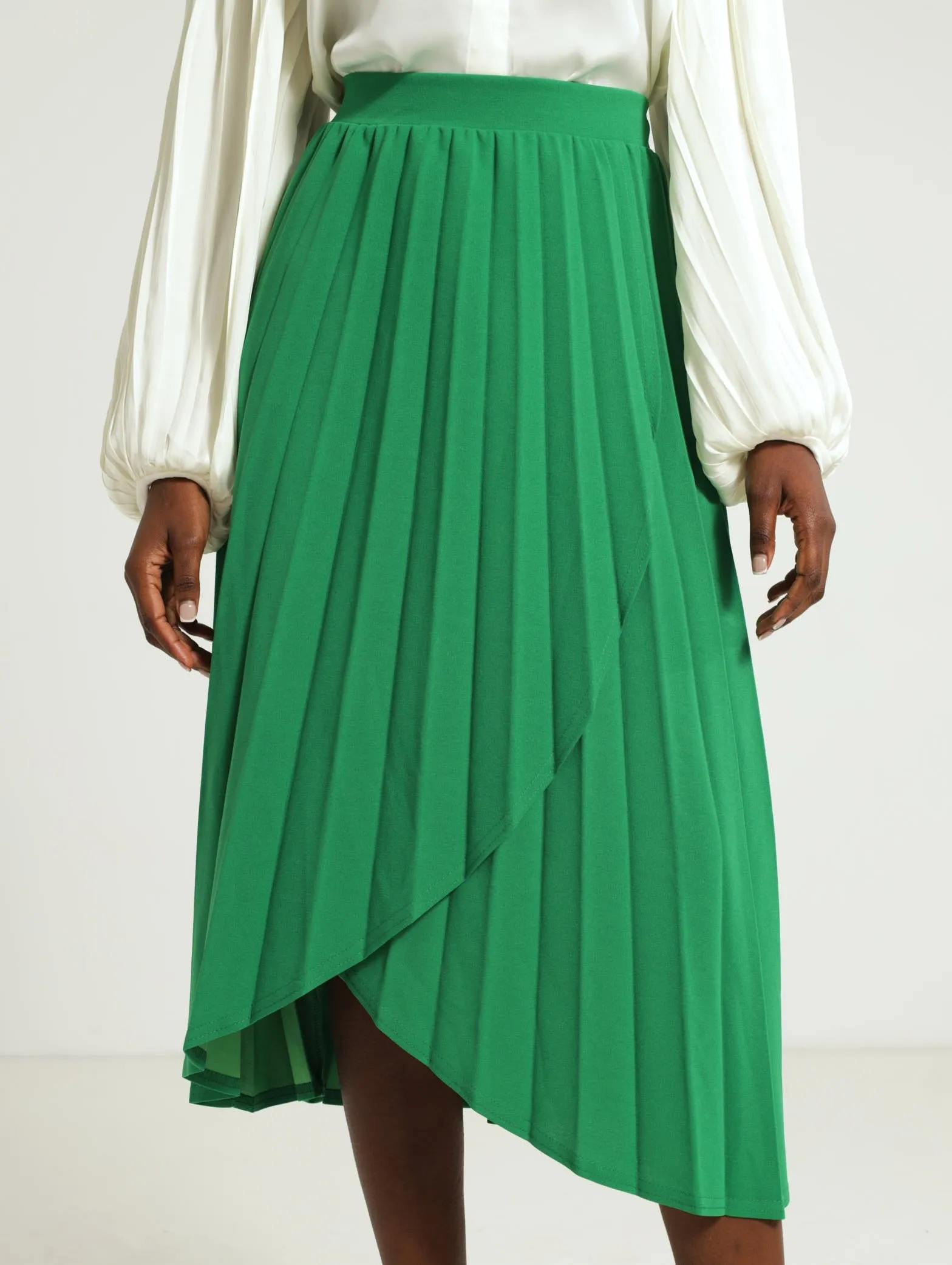 Mock Wrap Pleated Midi Skirt - Green