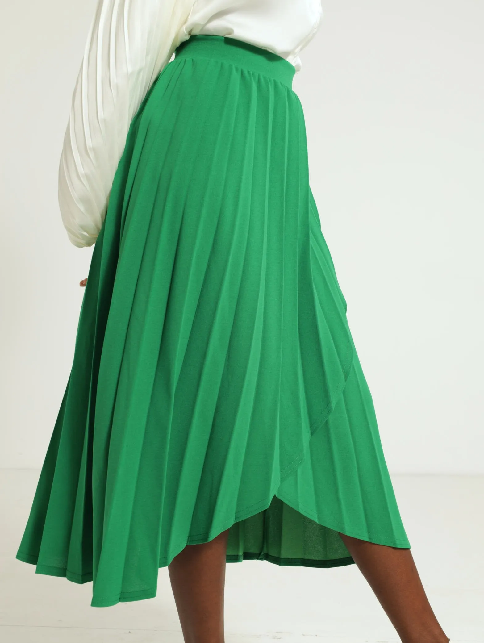 Mock Wrap Pleated Midi Skirt - Green