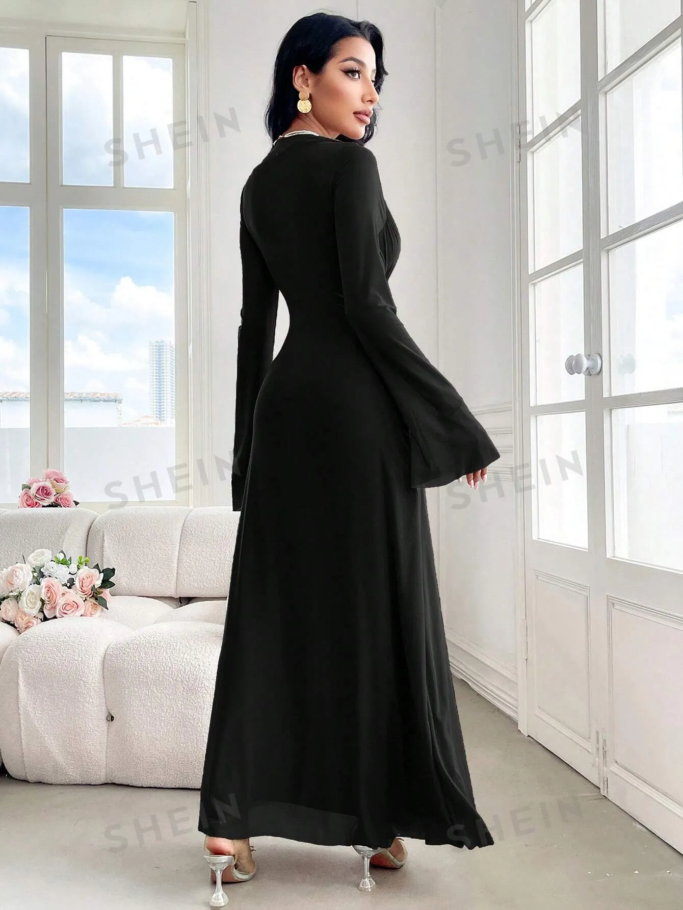 Modely Women''s Elegant Solid Color Bell Sleeve Twist Long Dress, Spring & Autumn