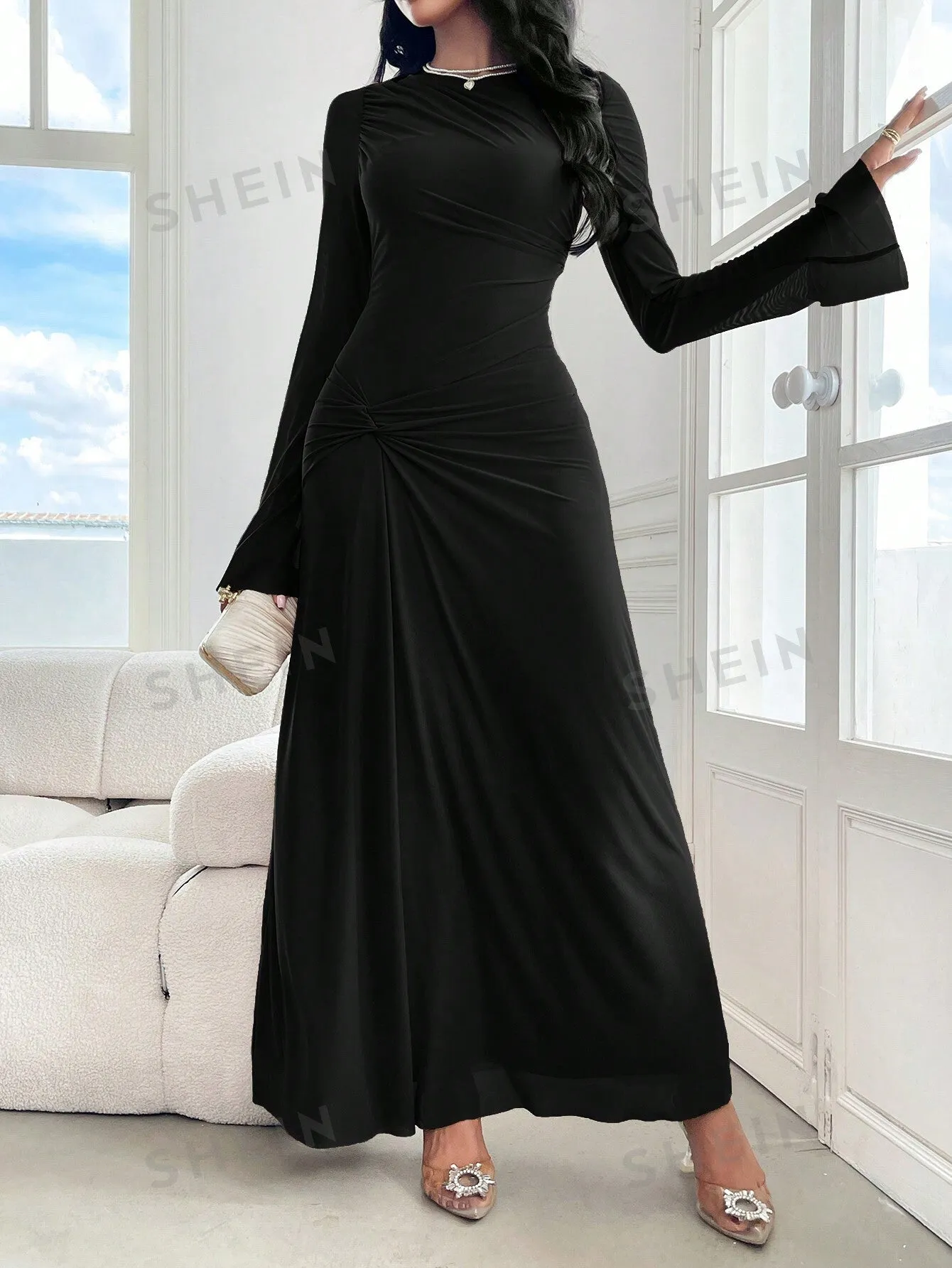 Modely Women''s Elegant Solid Color Bell Sleeve Twist Long Dress, Spring & Autumn