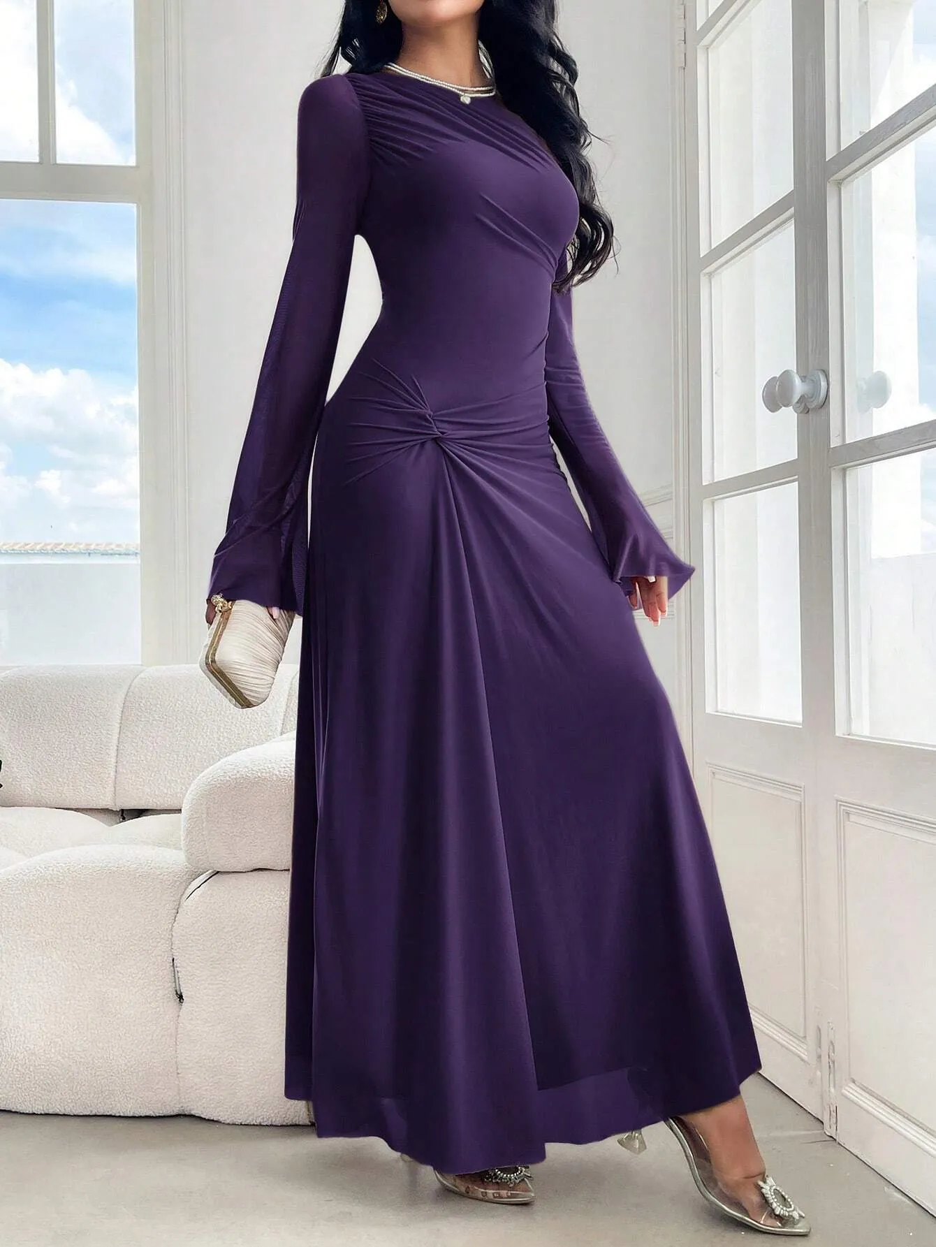 Modely Women''s Elegant Solid Color Bell Sleeve Twist Long Dress, Spring & Autumn