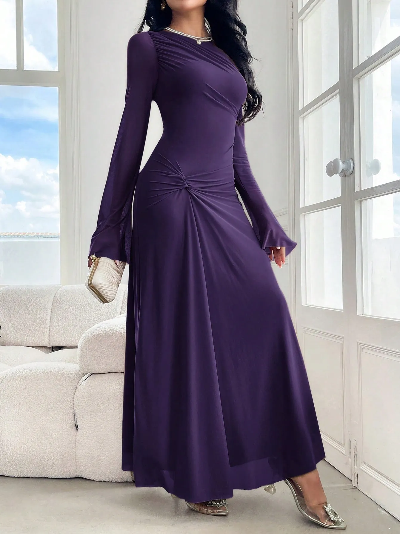 Modely Women''s Elegant Solid Color Bell Sleeve Twist Long Dress, Spring & Autumn