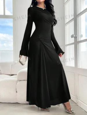 Modely Women''s Elegant Solid Color Bell Sleeve Twist Long Dress, Spring & Autumn