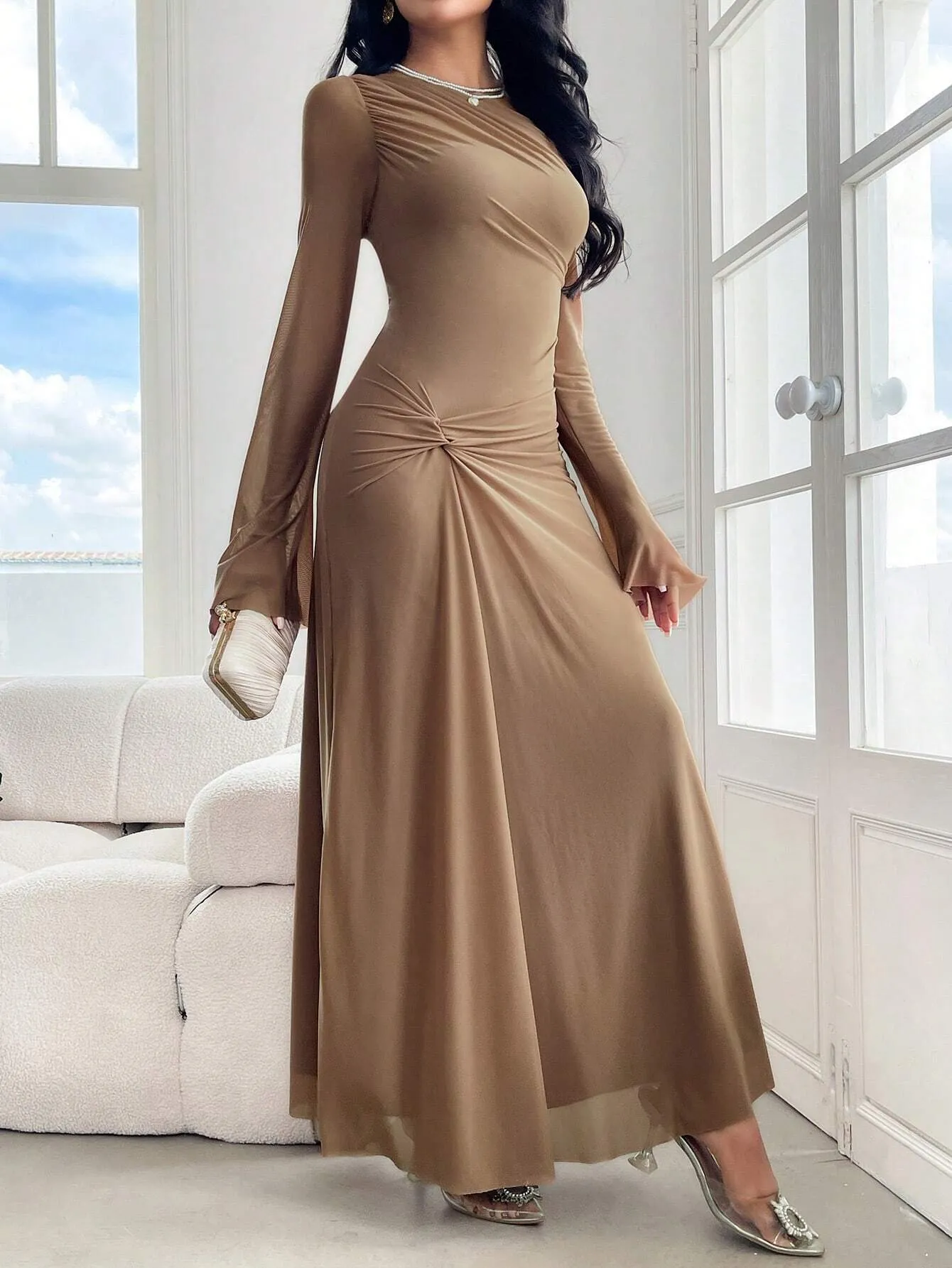 Modely Women''s Elegant Solid Color Bell Sleeve Twist Long Dress, Spring & Autumn
