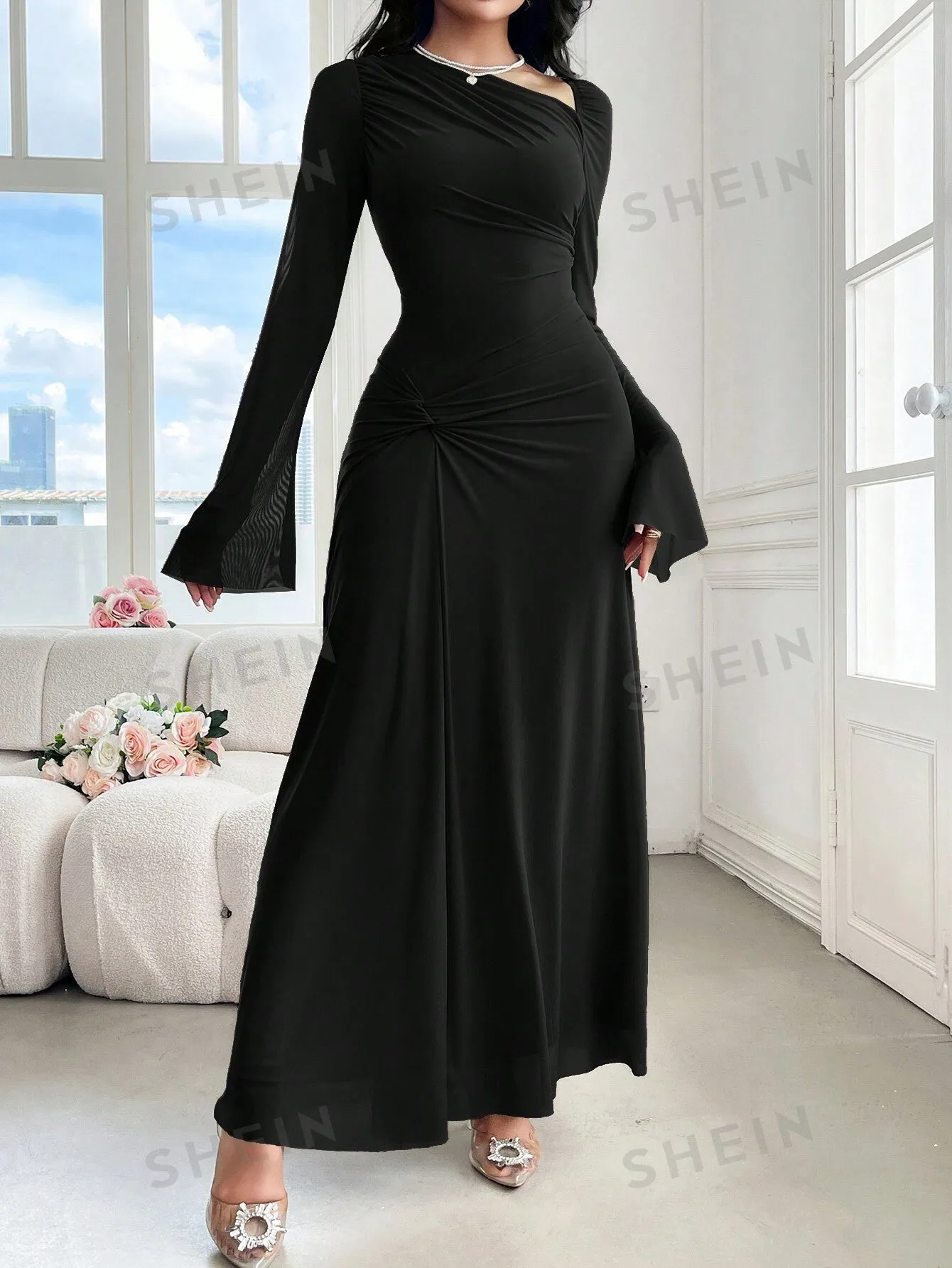 Modely Women''s Elegant Solid Color Bell Sleeve Twist Long Dress, Spring & Autumn