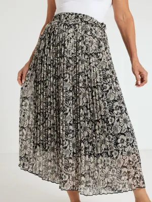 Monochrome Pleated Midi Skirt - Black/Beige