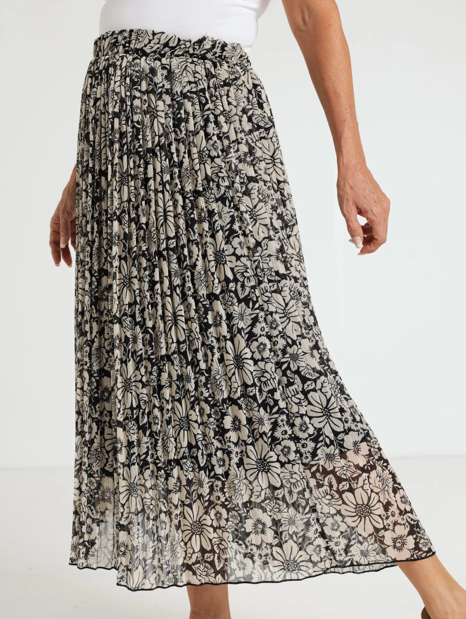 Monochrome Pleated Midi Skirt - Black/Beige