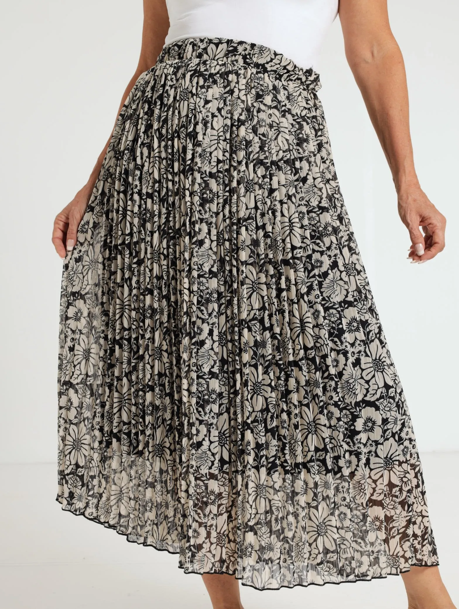 Monochrome Pleated Midi Skirt - Black/Beige