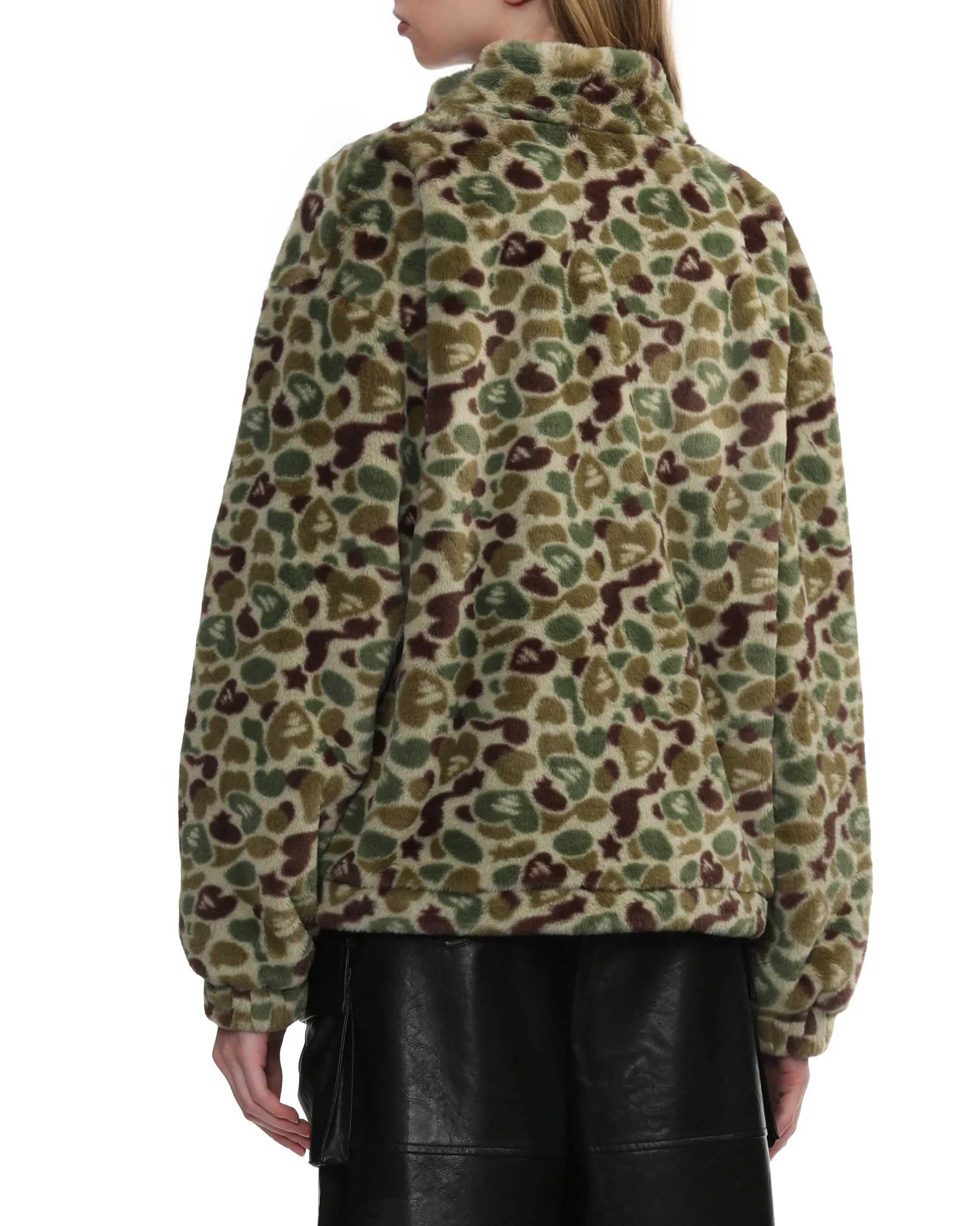Moonface logo camo faux fur jacket