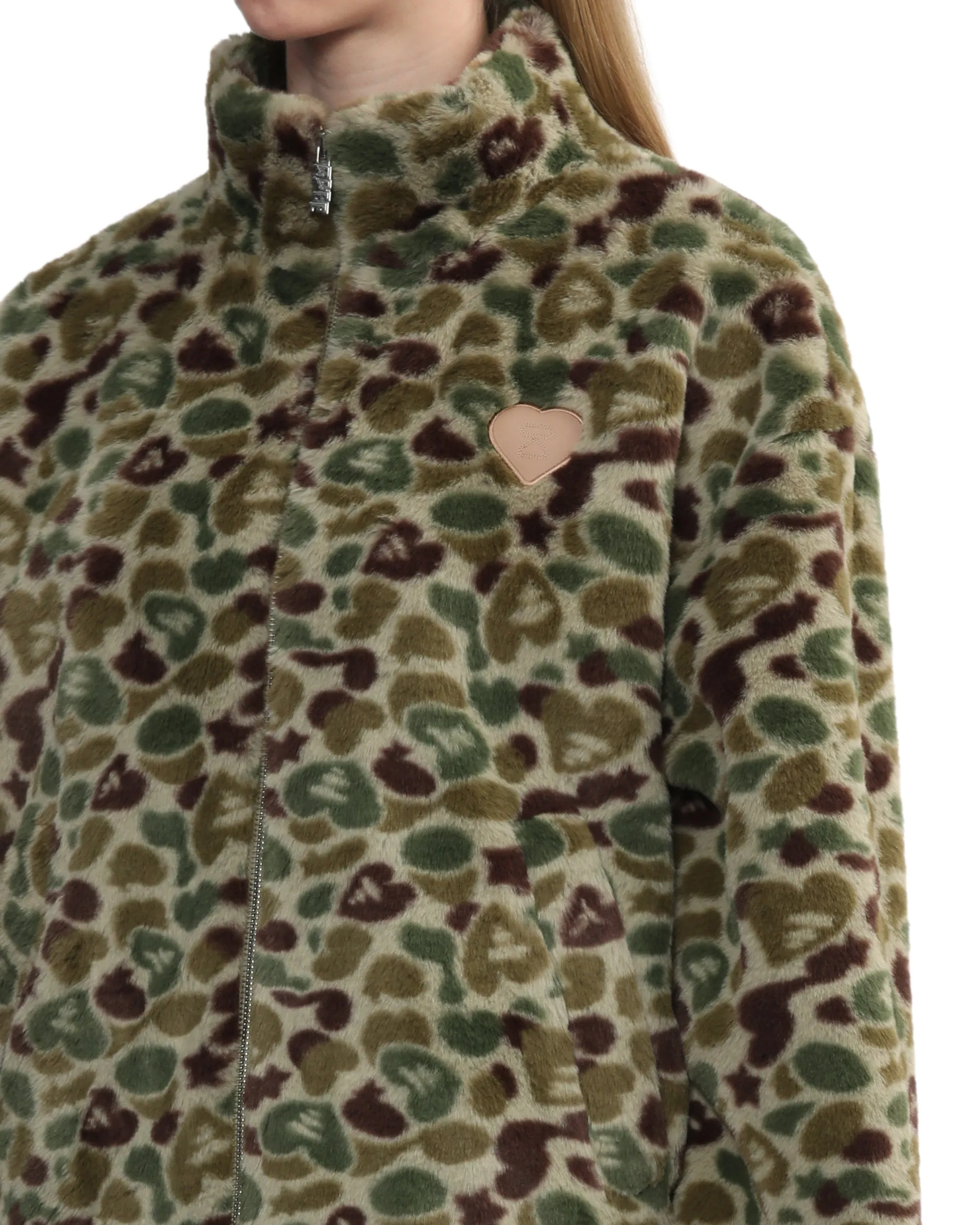 Moonface logo camo faux fur jacket