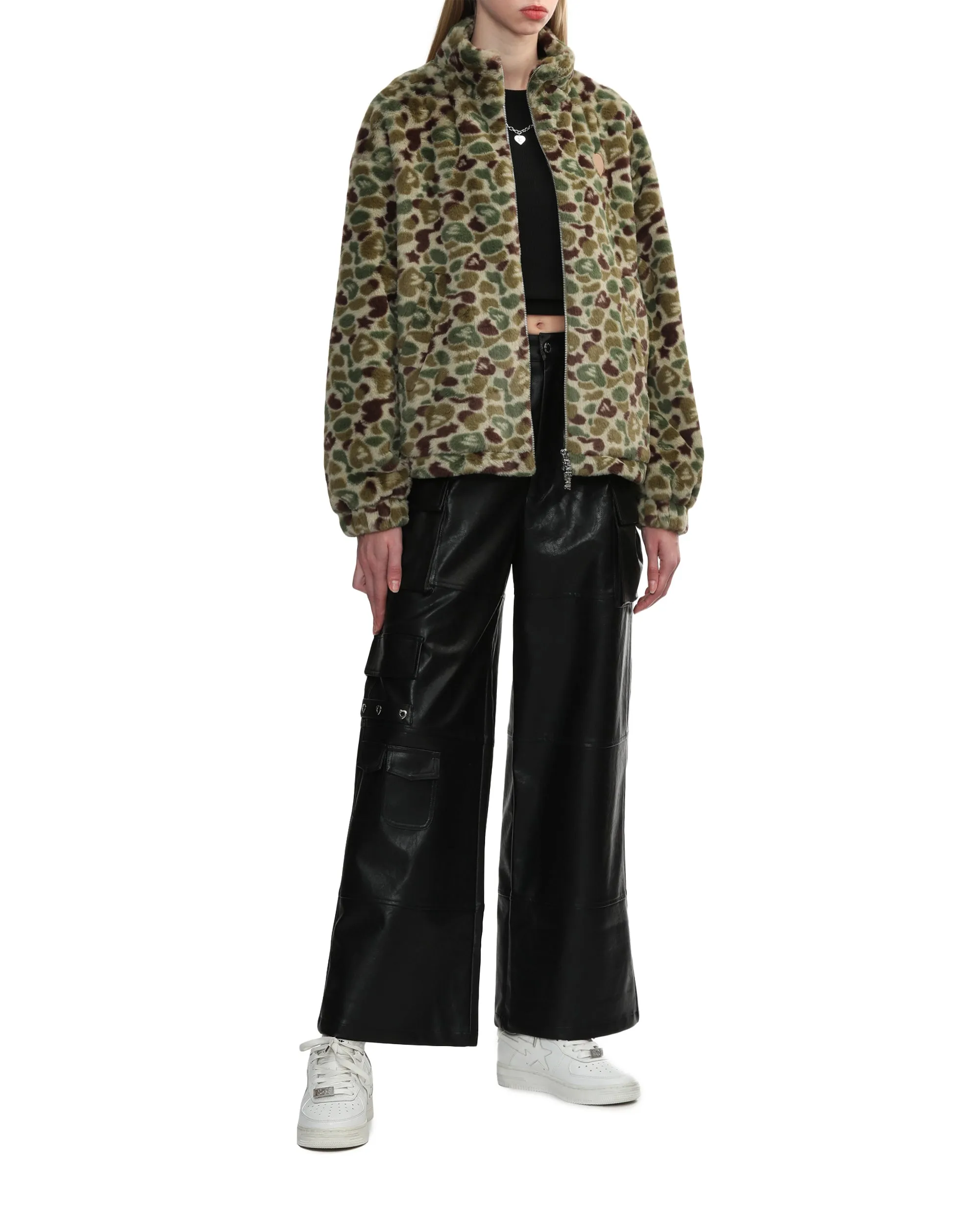 Moonface logo camo faux fur jacket