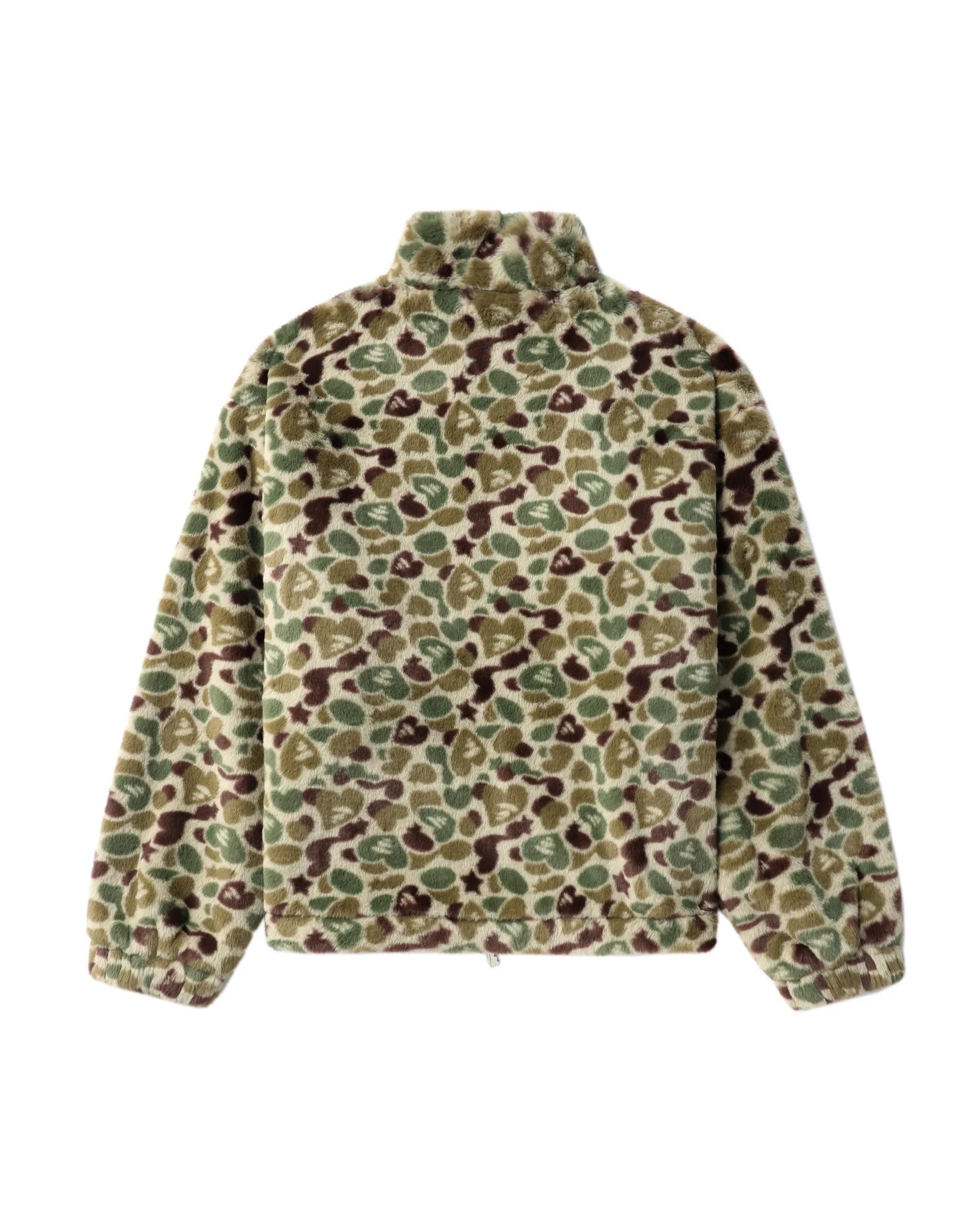 Moonface logo camo faux fur jacket