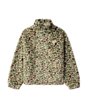 Moonface logo camo faux fur jacket