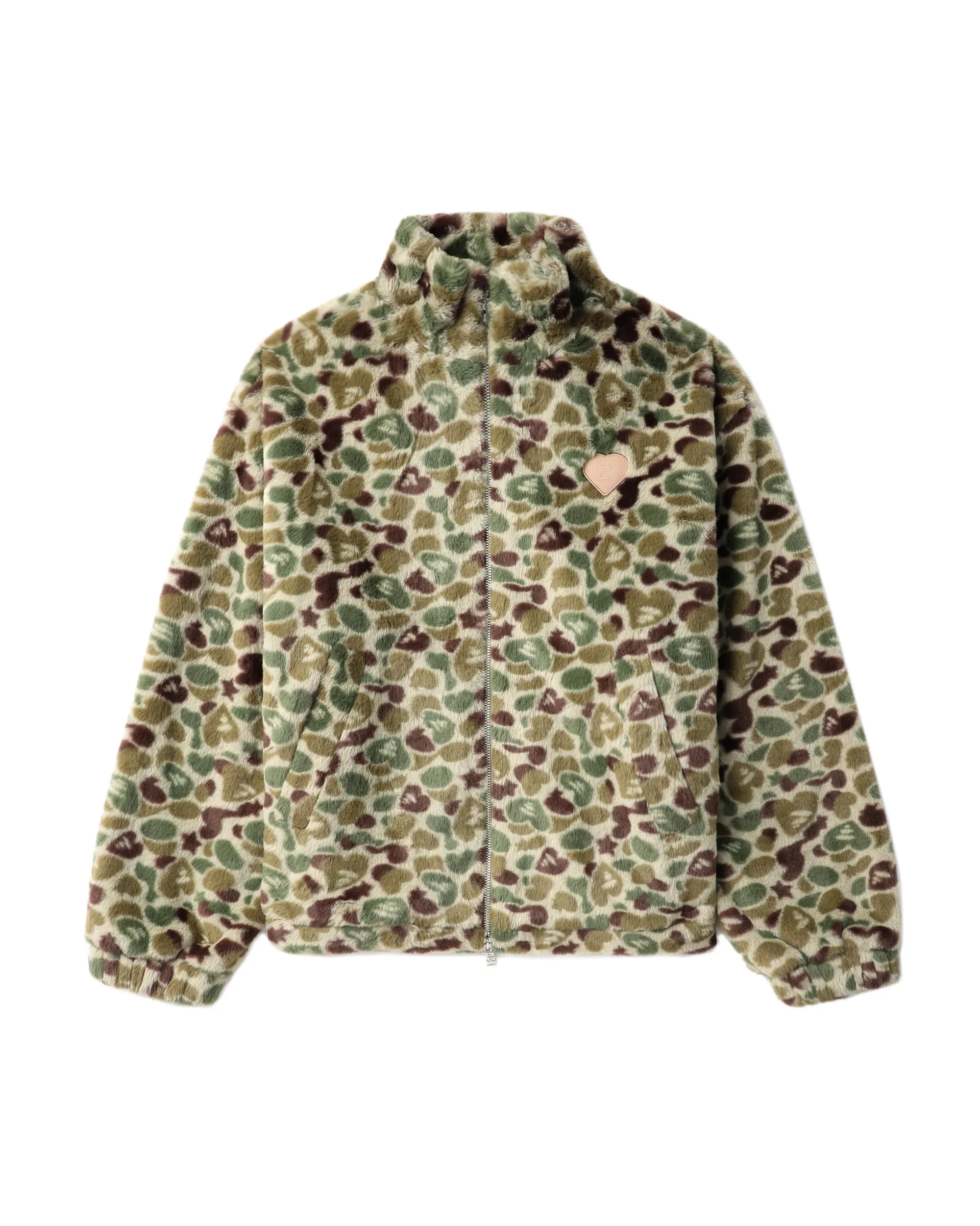 Moonface logo camo faux fur jacket