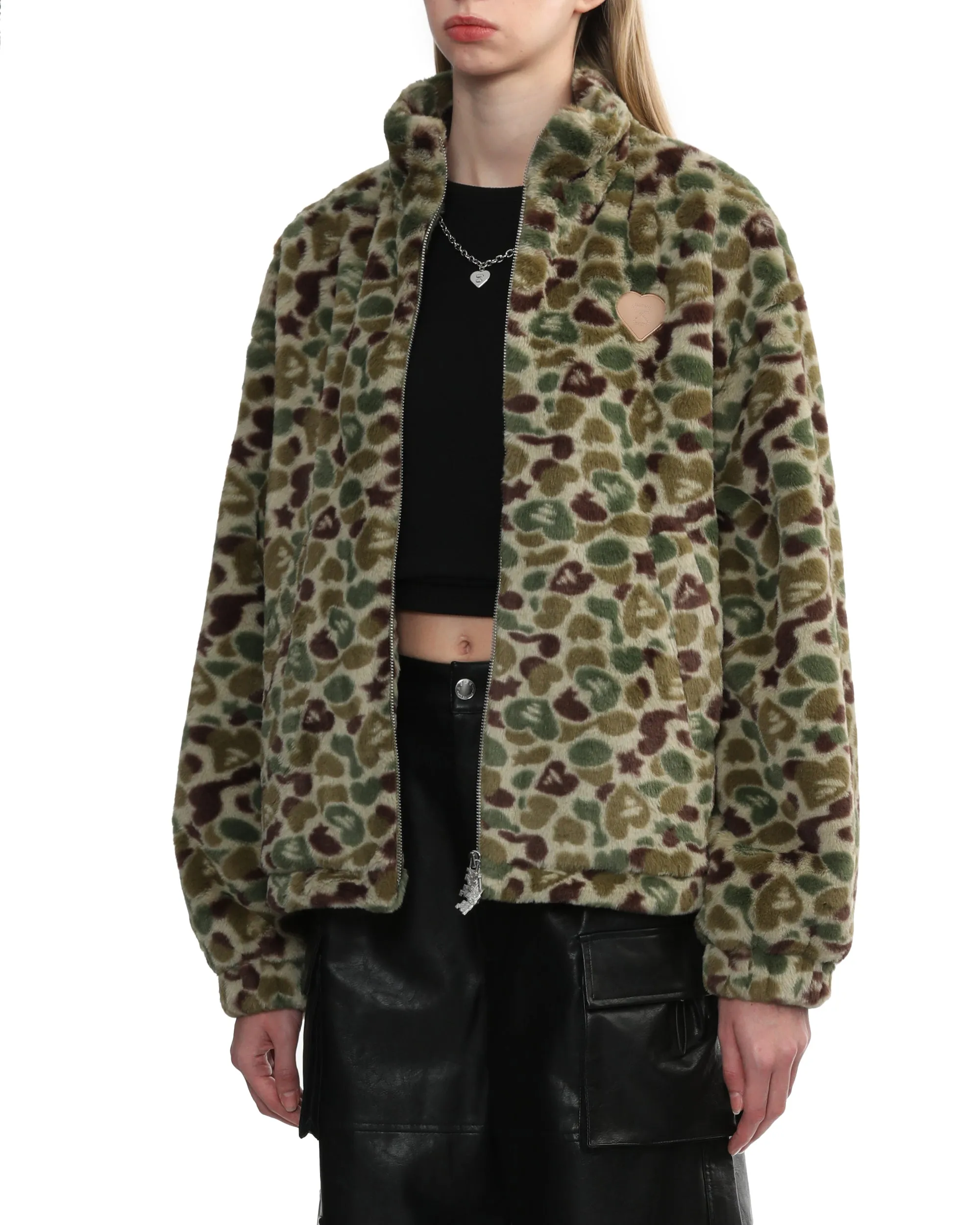 Moonface logo camo faux fur jacket
