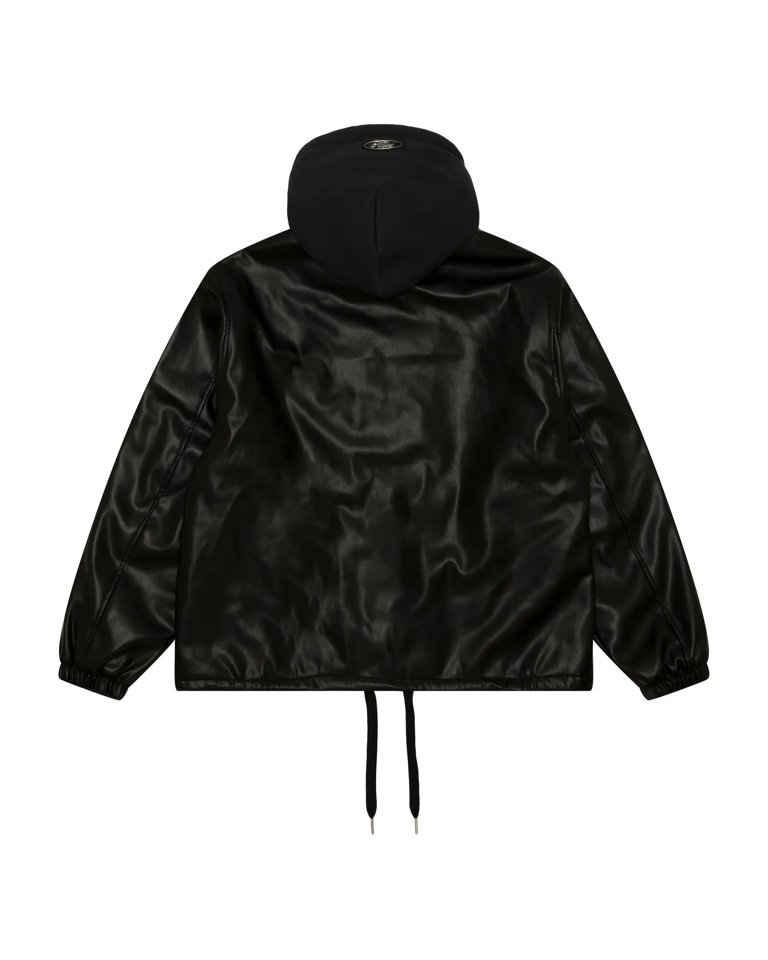 Moonface logo hooded faux leather jacket