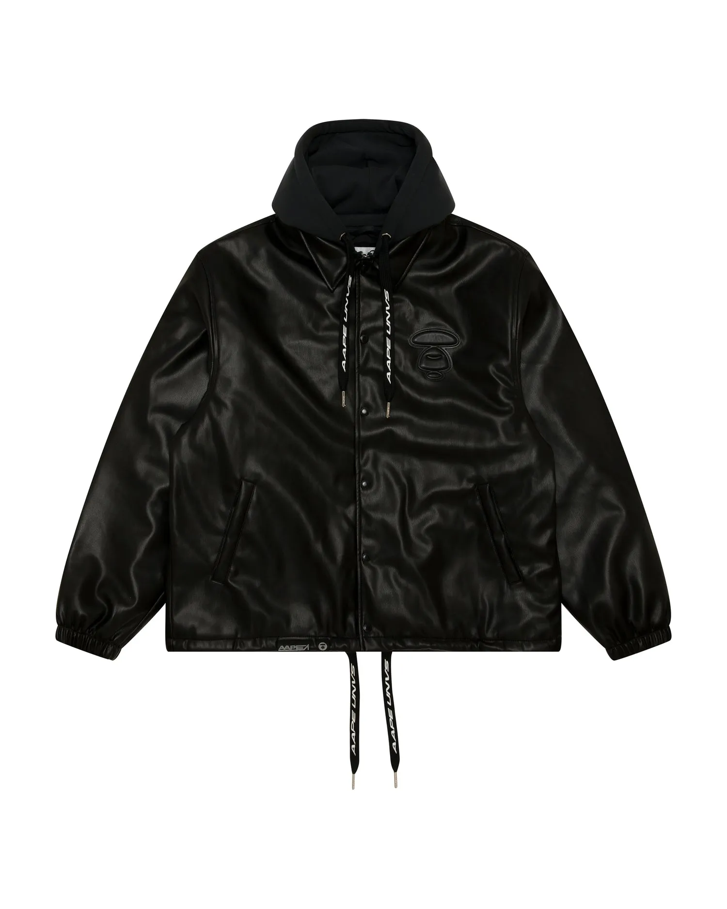 Moonface logo hooded faux leather jacket