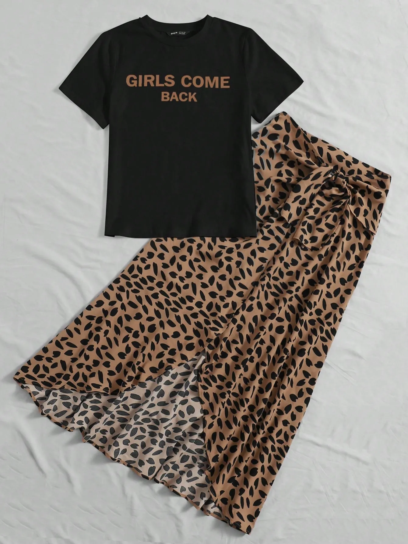 Mulvari Letter Graphic Top & Tie Front Asymmetrical Hem Allover Print Skirt Set