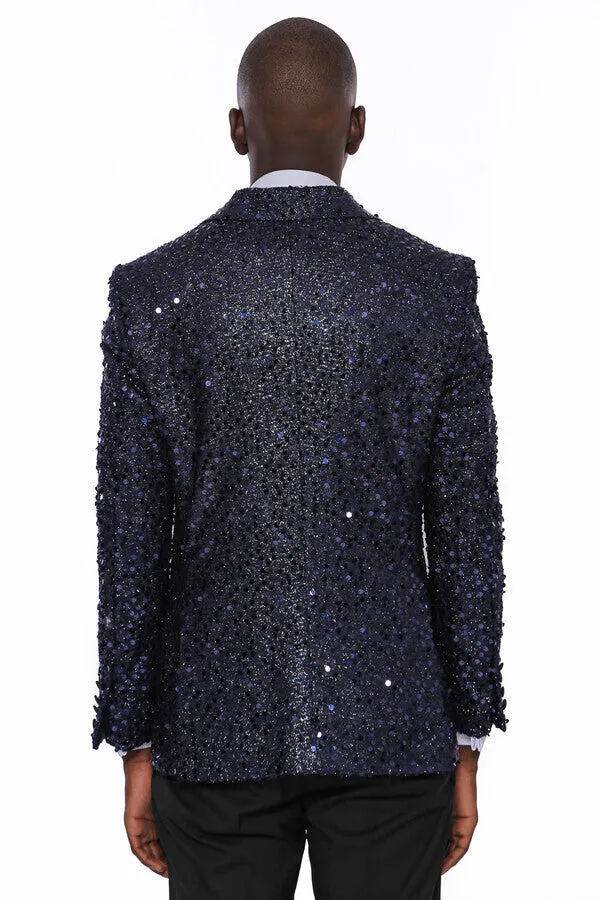 Navy Blue Sequin Patterned Party Blazer | Wessi