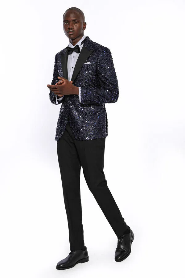 Navy Blue Sequin Patterned Party Blazer | Wessi