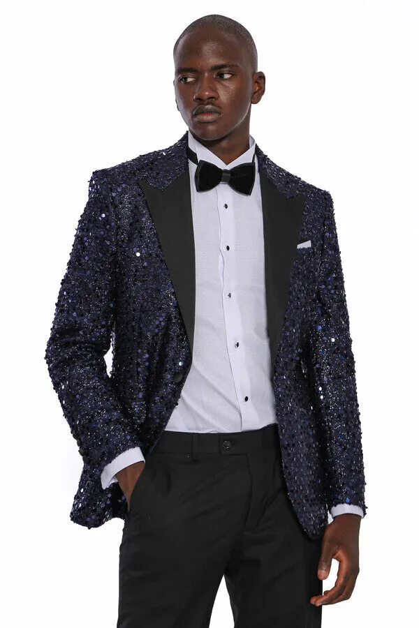 Navy Blue Sequin Patterned Party Blazer | Wessi