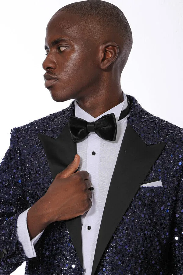 Navy Blue Sequin Patterned Party Blazer | Wessi
