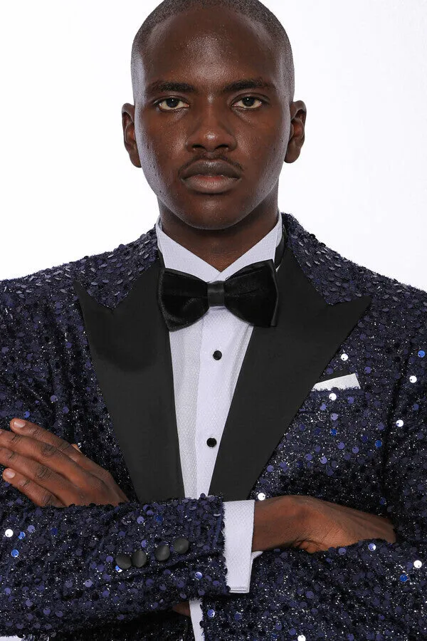 Navy Blue Sequin Patterned Party Blazer | Wessi