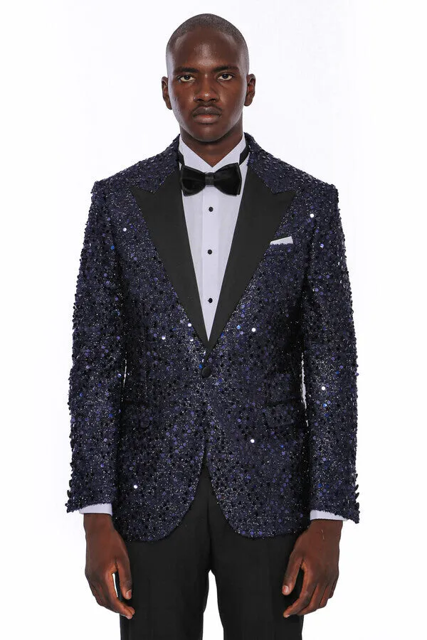 Navy Blue Sequin Patterned Party Blazer | Wessi