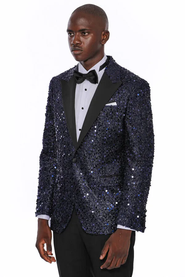 Navy Blue Sequin Patterned Party Blazer | Wessi