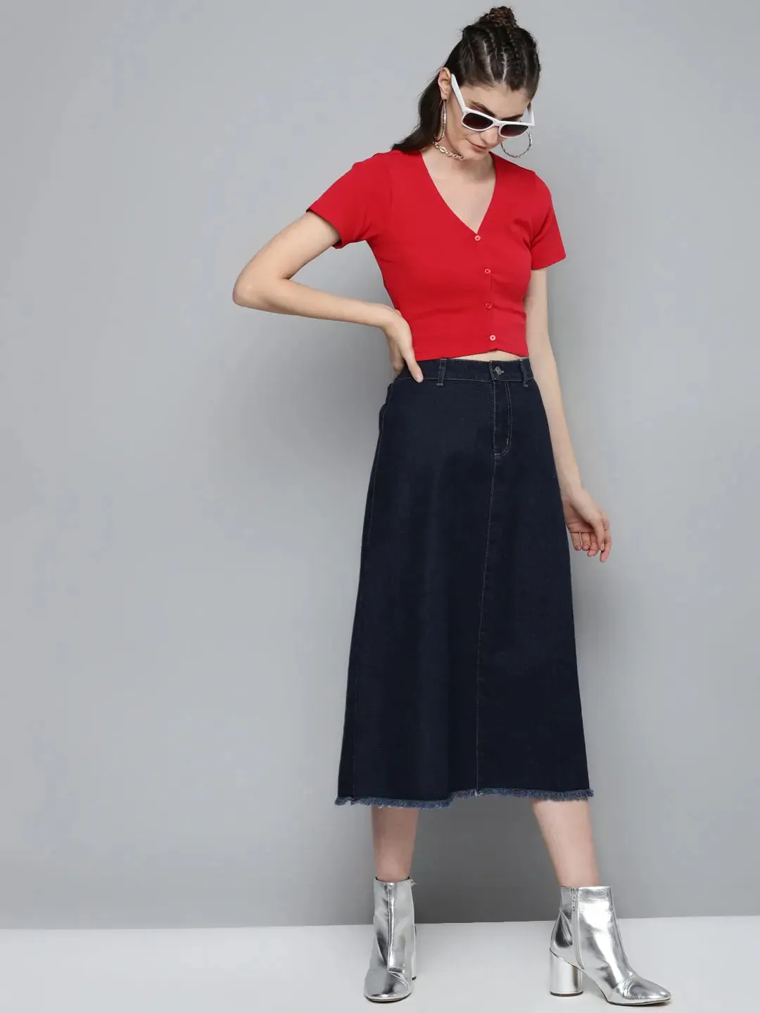 Navy Denim Asymmetrical Skirt
