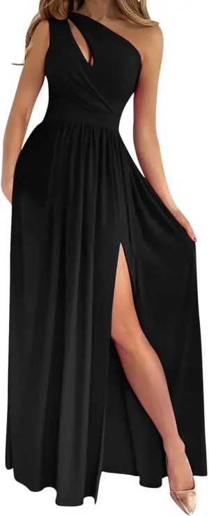 NEW Womens Sexy Sleeveless Hollow Out One Shoulder Pleated High Split Party Evening Long Formal Dress Classy Maxi Dresses, Black, Sz S