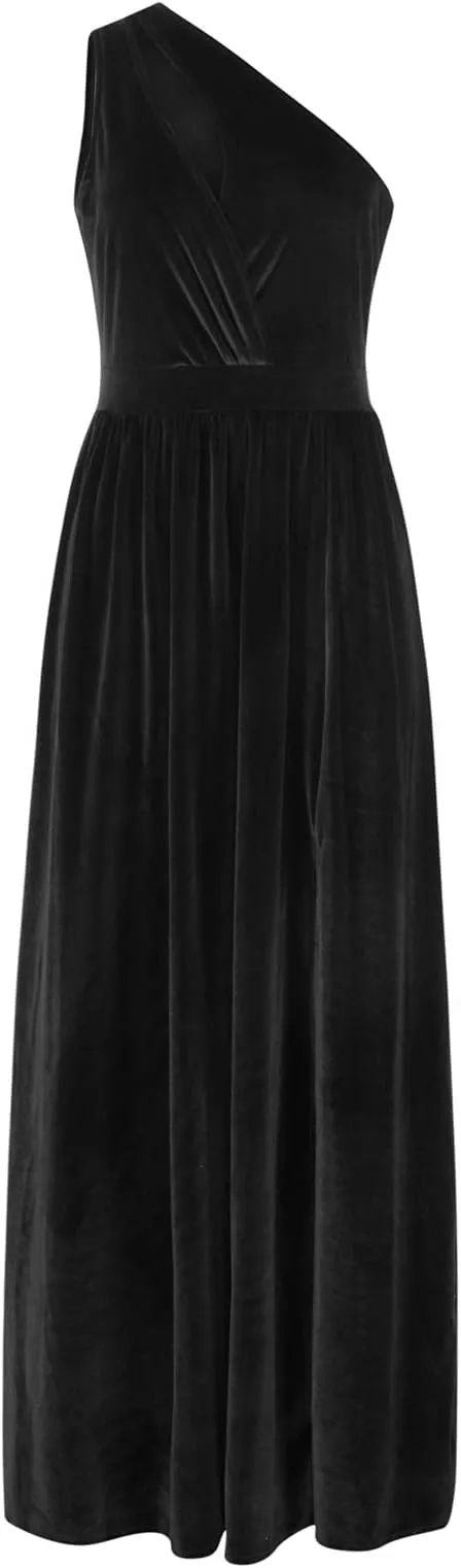 NEW Womens Sexy Sleeveless Hollow Out One Shoulder Pleated High Split Party Evening Long Formal Dress Classy Maxi Dresses, Black, Sz S