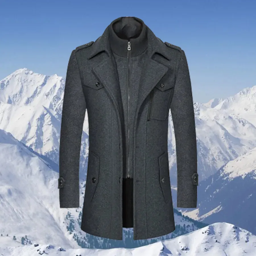 Obsidianschwalbe langer taillierter wollüberzug mit taschendetails