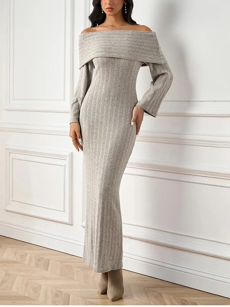 Off-Shoulder Long Sleeve Knitted Maxi Dress